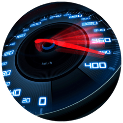 close up of fast speedometer with red pointer
